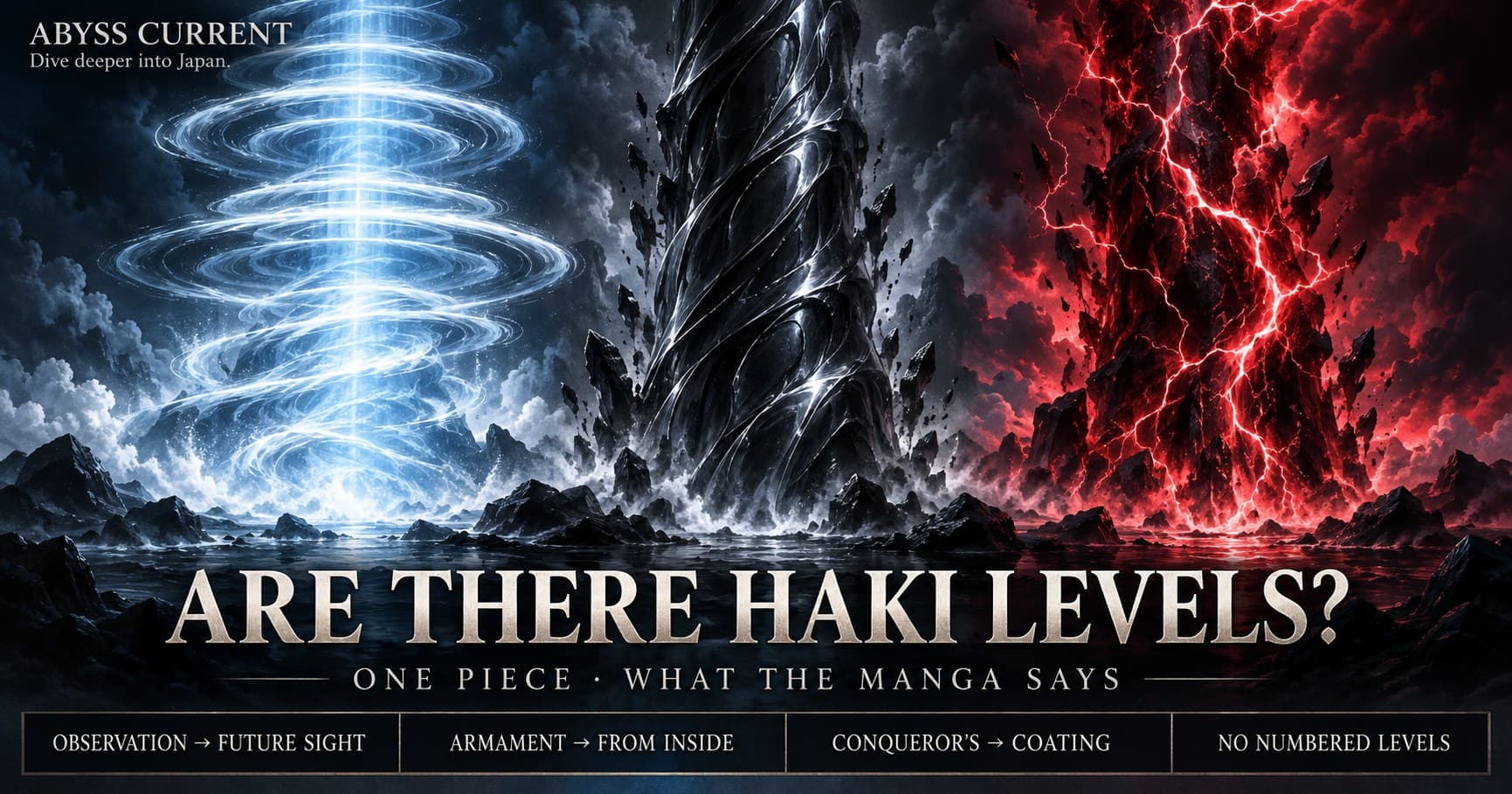 Editorial key art for the Haki levels explainer: three equal columns of energy side by side — pale blue-white rings on the left, glossy black armour-like stone in the centre, black and crimson lightning on the right — over a dark rocky shore. Text reads ARE THERE HAKI LEVELS? and ONE PIECE · WHAT THE MANGA SAYS, with a strip reading OBSERVATION → FUTURE SIGHT, ARMAMENT → FROM INSIDE, CONQUEROR’S → COATING, NO NUMBERED LEVELS. ABYSS CURRENT wordmark top left.