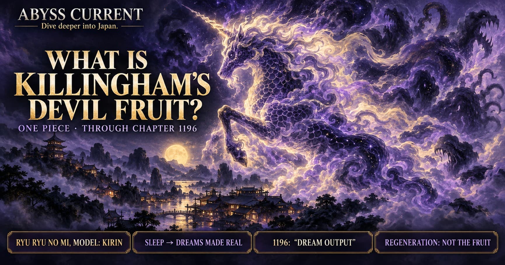 Painted editorial artwork of a single-horned kirin formed from violet and pale gold dream mist above a moonlit village, with nightmare creatures taking shape in the smoke. Headline: WHAT IS KILLINGHAM'S DEVIL FRUIT? Four text boxes summarize the Kirin model, dreams made real, Dream Output, and regeneration. No human figures are shown.