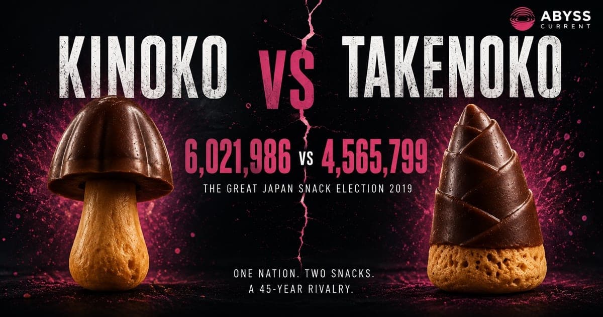 A Kinoko no Yama piece and a Takenoko no Sato piece face each other across a pink fissure, with the 2019 election result between them: 6,021,986 versus 4,565,799.