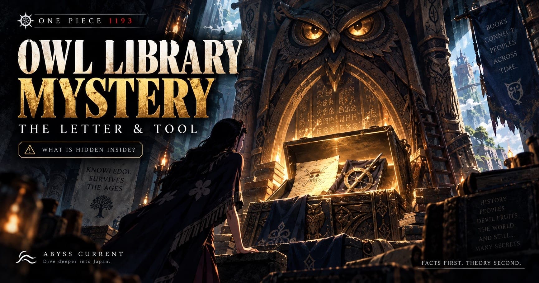 Editorial key art for the Owl's Library piece. A cloaked woman climbs toward a glowing open chest set into a vast carved owl facade, the chest holding a document and a compass-like instrument. Headline: OWL LIBRARY MYSTERY, THE LETTER & TOOL, with a WHAT IS HIDDEN INSIDE? badge and a footer reading FACTS FIRST. THEORY SECOND.