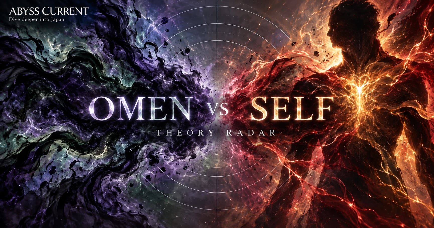 Theory Radar key art. On the left, black and violet energy pours into the frame from outside; on the right, a faceless silhouette radiates crimson and gold energy from within; the two meet as equals at the centre over faint radar rings. Text reads OMEN vs SELF and THEORY RADAR. ABYSS CURRENT wordmark top left.