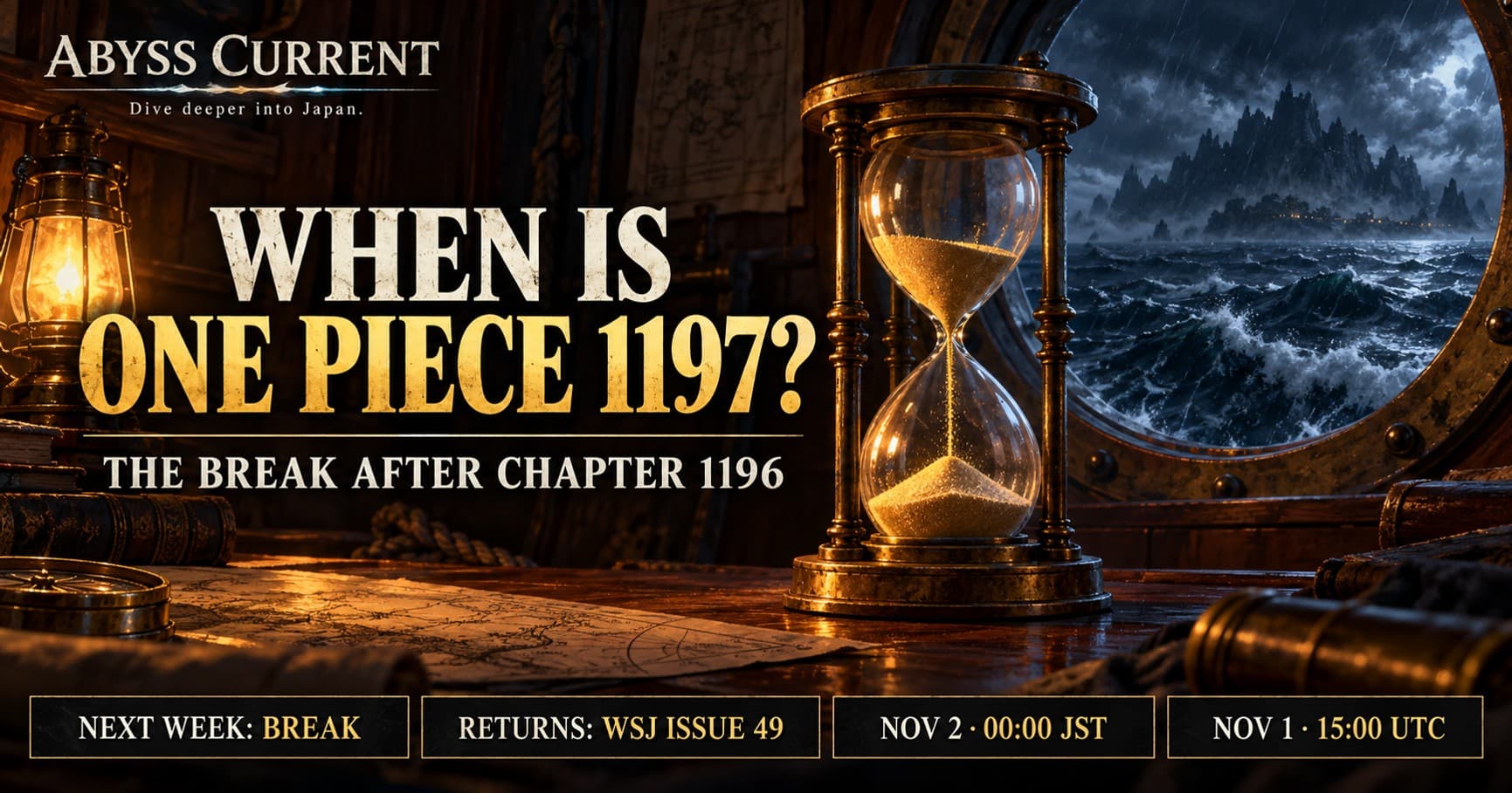 Painted editorial artwork of a brass hourglass on a lamplit ship's table, with a stormy sea and distant island through a porthole. Headline: WHEN IS ONE PIECE 1197? Four text boxes give the break, issue 49 return, and Japan and UTC release times. No people are shown.