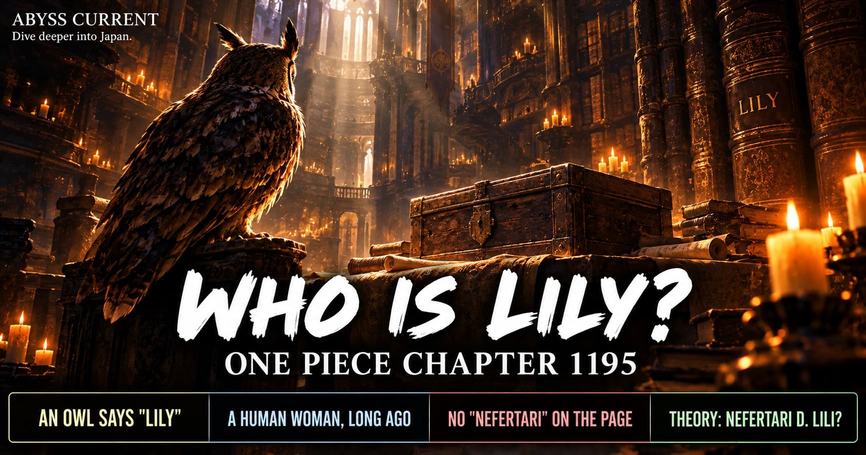 Editorial key art for the Lily explainer: a large owl seen from behind looks toward an old closed wooden chest in a vast candlelit library, with the word LILY on the spine of a huge book. No people. Text reads WHO IS LILY? and ONE PIECE CHAPTER 1195, with a strip reading AN OWL SAYS LILY, A HUMAN WOMAN, LONG AGO, NO NEFERTARI ON THE PAGE, THEORY: NEFERTARI D. LILI?. ABYSS CURRENT wordmark top left.