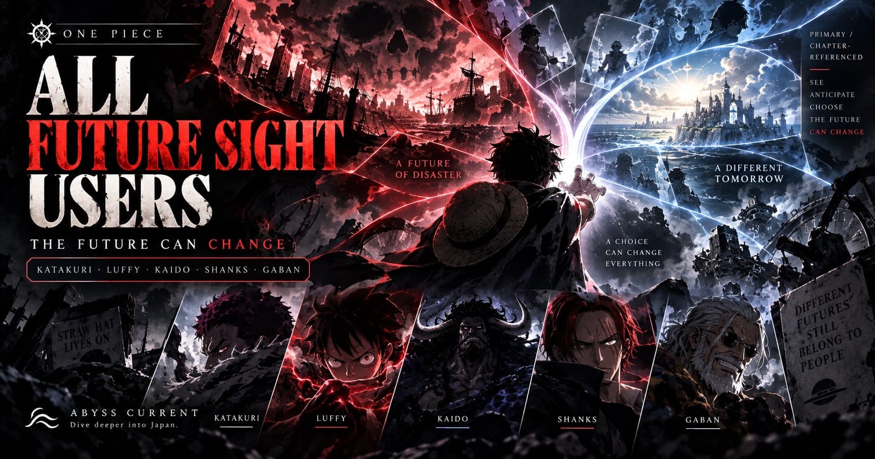 Editorial key art for the future sight users piece. A straw-hatted figure stands between a red ruined seascape labelled A FUTURE OF DISASTER and a blue sunlit one labelled A DIFFERENT TOMORROW. Headline: ALL FUTURE SIGHT USERS, THE FUTURE CAN CHANGE, listing Katakuri, Luffy, Kaido, Shanks and Gaban. Portraits of the five run along the bottom, and a side note reads PRIMARY / CHAPTER-REFERENCED.
