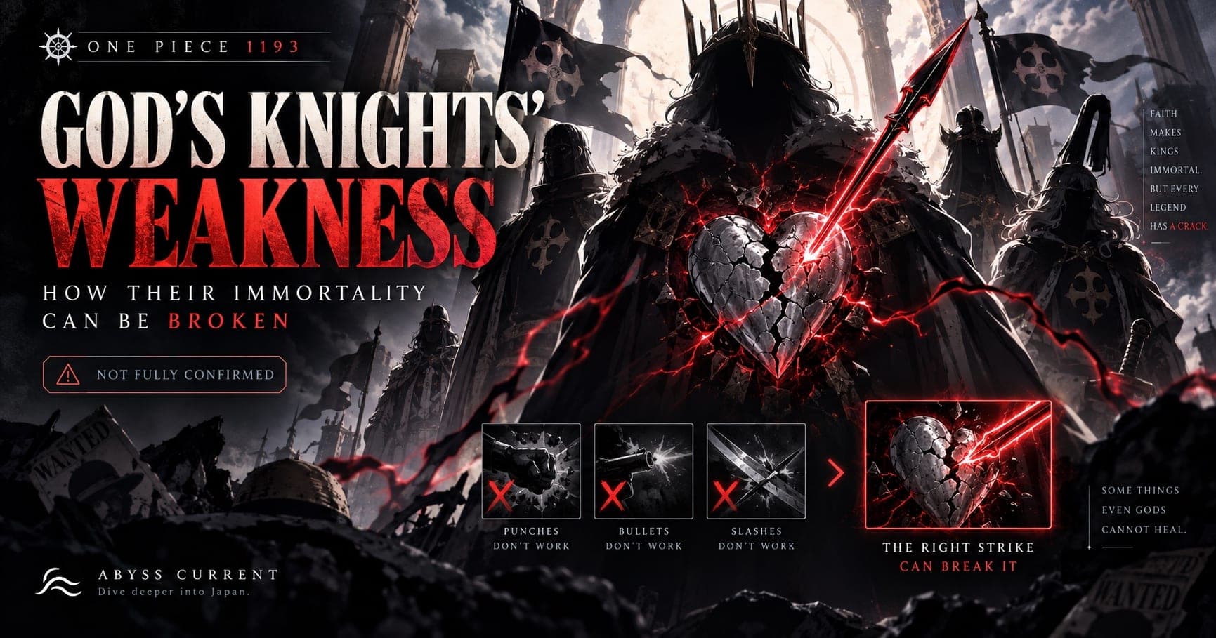 Editorial key art for the God's Knights' weakness. Towering cloaked knights stand behind a cracked stone heart pierced by a glowing red spear. Headline: GOD'S KNIGHTS' WEAKNESS, HOW THEIR IMMORTALITY CAN BE BROKEN, with a NOT FULLY CONFIRMED badge. A row of small panels marks punches, bullets and slashes as not working, leading to a final panel labelled THE RIGHT STRIKE CAN BREAK IT.