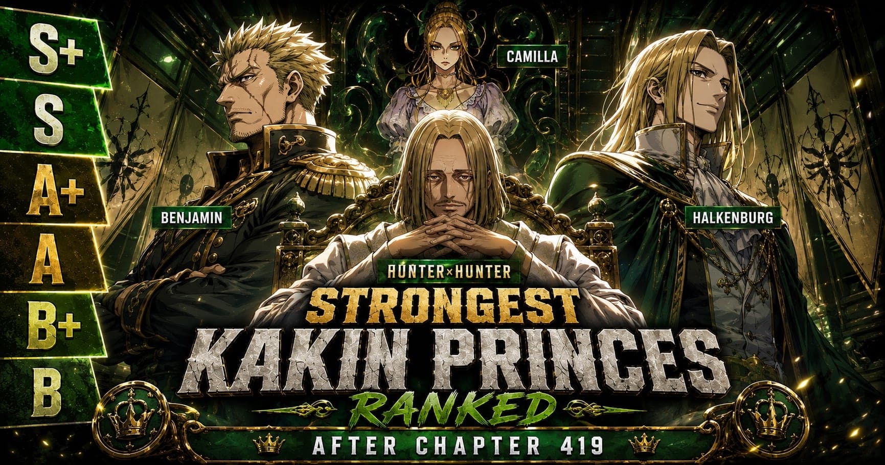 Cover artwork for the Kakin princes ranking: Tserriednich at the centre, Benjamin on the left, Halkenburg on the right and Camilla behind them, each labelled, inside the Black Whale during the Succession Contest, with a six-tier ladder reading S+, S, A+, A, B+ and B down the left edge and the title HUNTER×HUNTER STRONGEST KAKIN PRINCES, RANKED AFTER CHAPTER 419.