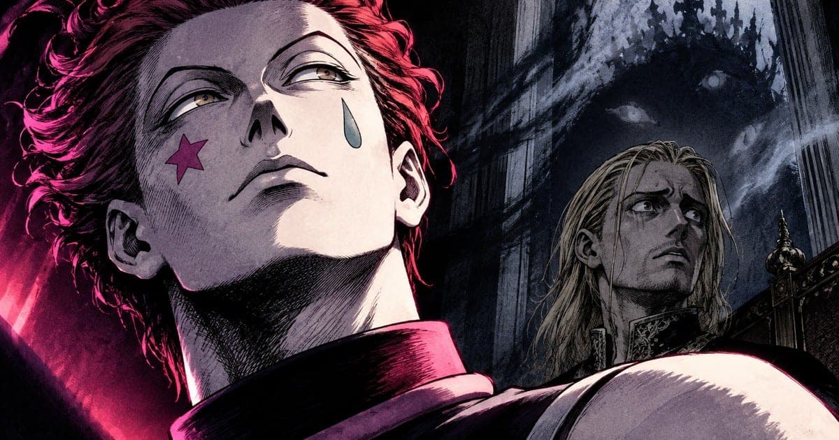 A close-up of Hisoka in the foreground, head tilted back, eyes angled upward into shadowed gothic architecture — his gaze not resolved onto anything visible. In the background, a smaller, dimly lit Tserriednich looks on with a worried expression.
