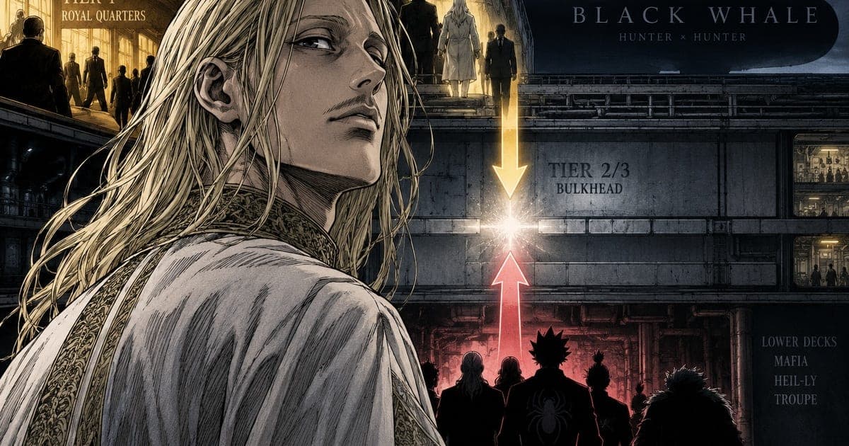 Tserriednich looks back over his shoulder in the foreground. Behind him, a labeled cross-section of the Black Whale: Tier 1 Royal Quarters at top left with silhouetted figures on a walkway, the Black Whale / HUNTER×HUNTER title at top right, and a TIER 2/3 BULKHEAD label in the middle where a yellow arrow descending from Tier 1 and a red arrow rising from the Lower Decks meet in a burst of light. Lower right, silhouetted figures are labeled Lower Decks, Mafia, Heil-Ly, Troupe, one bearing the Phantom Troupe's spider emblem.