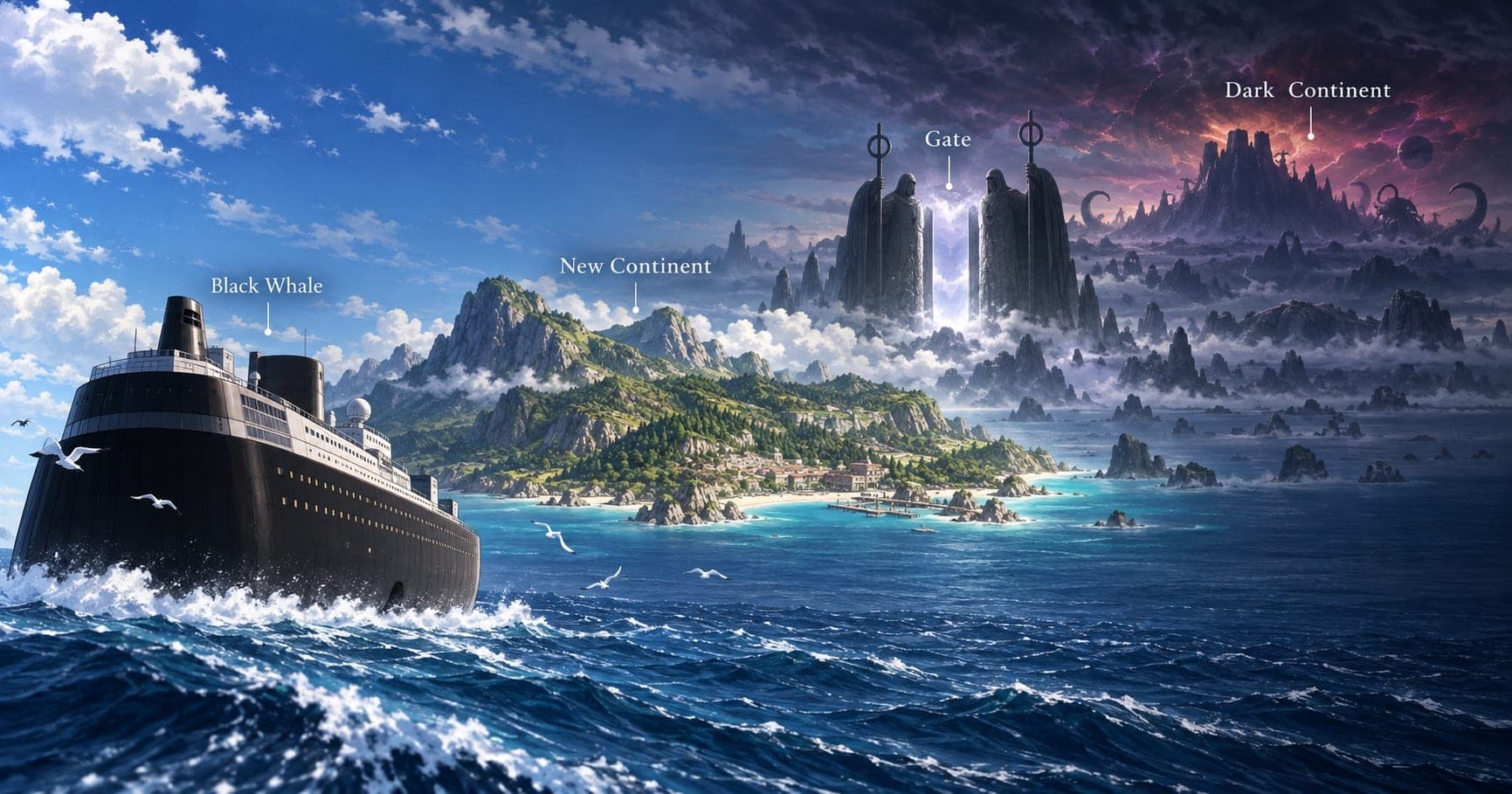 An illustrated seascape showing the Black Whale sailing toward a bright, green, labeled New Continent in the foreground, with two colossal gatekeeper-like sentinels marking a misty Gate beyond it, and a dark, storm-lit Dark Continent — visually distinct and separate — on the far horizon.