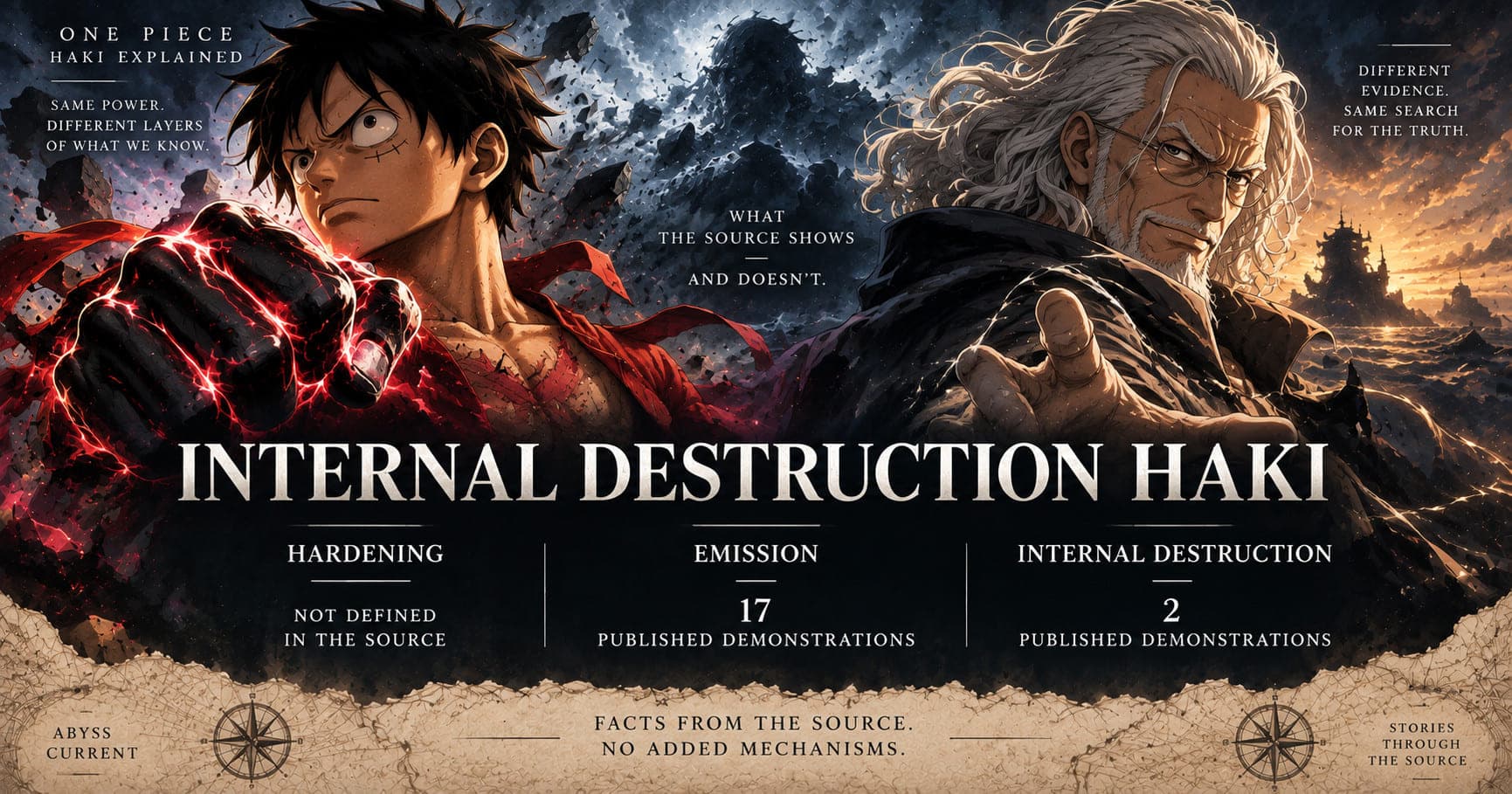 Editorial key art for the internal destruction Haki explainer. Luffy on the left with a blackened, red-veined fist raised; Silvers Rayleigh on the right in a dark coat, long silver hair and round glasses, one hand open. Headline: INTERNAL DESTRUCTION HAKI, with the deck WHAT THE SOURCE SHOWS AND DOESN'T. Three columns read HARDENING, NOT DEFINED IN THE SOURCE; EMISSION, 17 PUBLISHED DEMONSTRATIONS; INTERNAL DESTRUCTION, 2 PUBLISHED DEMONSTRATIONS. A torn-paper band along the bottom reads FACTS FROM THE SOURCE. NO ADDED MECHANISMS.