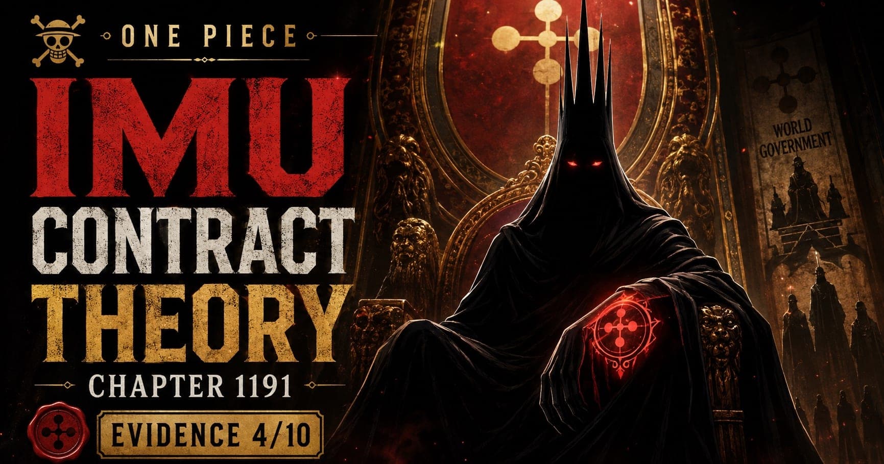 ONE PIECE key art for the Imu contract theory: a cloaked, spike-crowned figure with red eyes on the empty throne, a glowing red covenant crest on its arm, beside the words IMU CONTRACT THEORY, CHAPTER 1191 and EVIDENCE 4/10.
