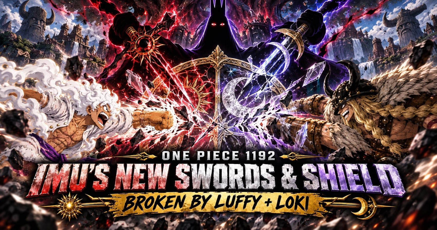 Gear 5 Luffy and Loki smashing through Imu's newly manifested swords and shield in Elbaf.
