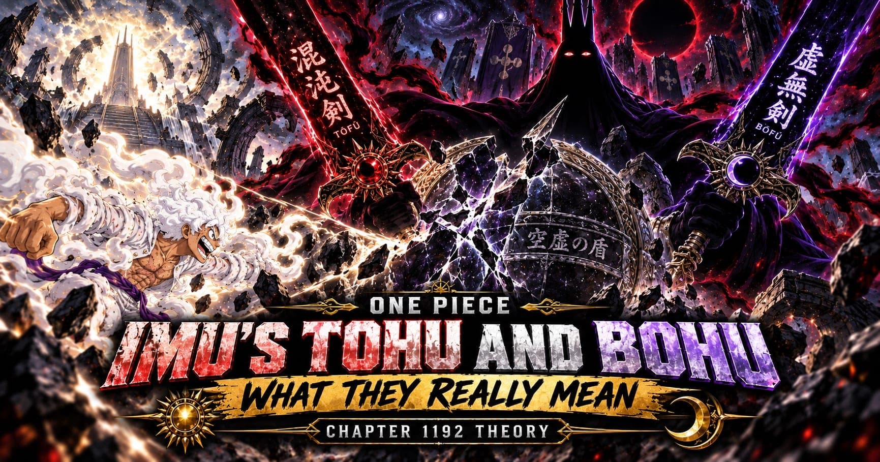 Gear 5 Luffy driving a punch into Imu's shattered Shield of Emptiness, with the two named blades labelled 混沌剣 Tofu and 虚無剣 Bofu raised on either side, a void of galaxies and an eclipsed sun behind Imu, and a lit dawn horizon at the far left.