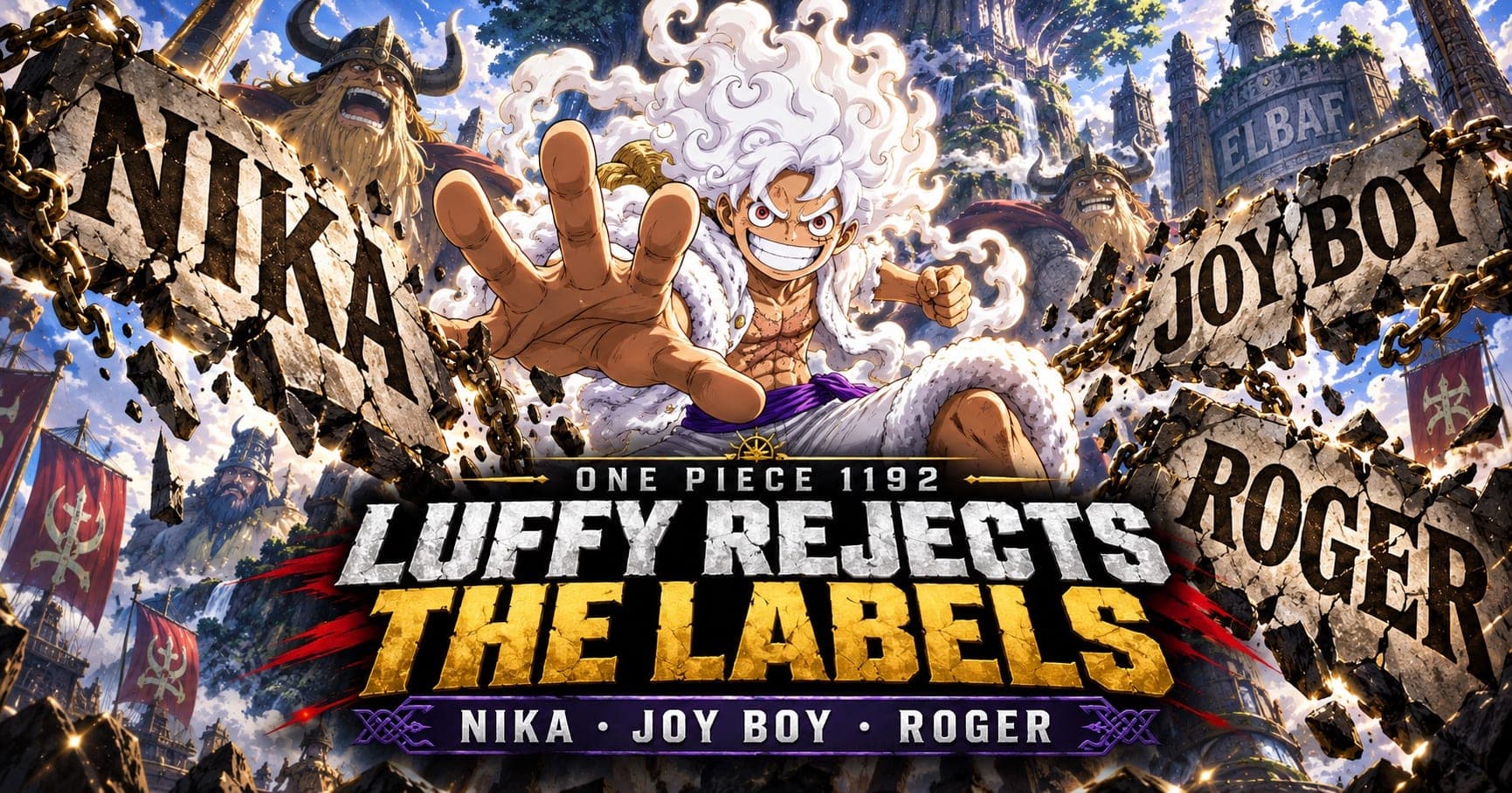 Gear 5 Luffy in Elbaf breaking apart the labels Nika, Joy Boy and Roger, illustrating his rejection of the roles others place on him.