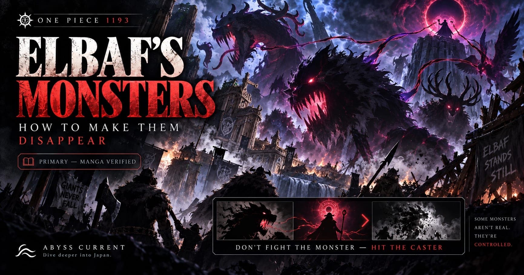 Editorial key art for the Elbaf monsters piece. Vast shadowy beasts with glowing red eyes loom over a burning giant city while armoured giants hold the line below. Headline: ELBAF'S MONSTERS, HOW TO MAKE THEM DISAPPEAR, with a PRIMARY — MANGA VERIFIED badge. A panel strip runs from a monster to a robed caster to empty smoke, captioned DON'T FIGHT THE MONSTER — HIT THE CASTER.