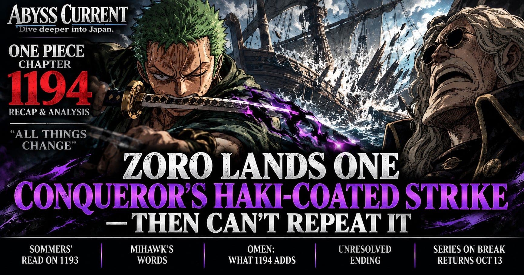 Editorial key art for ONE PIECE chapter 1194. Zoro on the left, left eye closed over its scar, a sword in his teeth and another trailing purple lightning; a wrecked Viking-style ship in the background; Sommers on the right in round dark glasses, head thrown back, with no wound shown. Text reads ABYSS CURRENT, ONE PIECE CHAPTER 1194, RECAP & ANALYSIS, ALL THINGS CHANGE, and ZORO LANDS ONE CONQUEROR'S HAKI-COATED STRIKE — THEN CAN'T REPEAT IT. A bottom strip reads SOMMERS' READ ON 1193, MIHAWK'S WORDS, OMEN: WHAT 1194 ADDS, UNRESOLVED ENDING, SERIES ON BREAK RETURNS OCT 13.