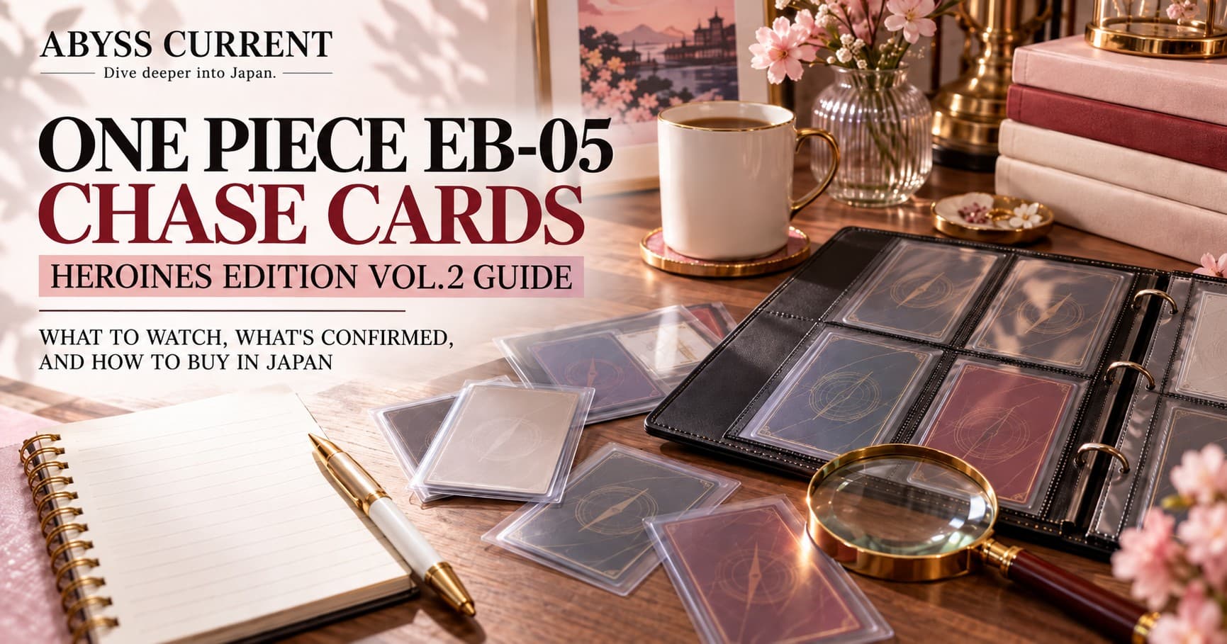 Editorial key art for the EB-05 guide: a sunlit desk with a card binder, sleeved cards showing only a generic compass-pattern back (illustrative, not actual EB-05 cards), a magnifying glass, a blank notebook and cherry blossoms. Text reads ONE PIECE EB-05 CHASE CARDS, HEROINES EDITION VOL.2 GUIDE, and WHAT TO WATCH, WHAT'S CONFIRMED, AND HOW TO BUY IN JAPAN. ABYSS CURRENT wordmark top left.