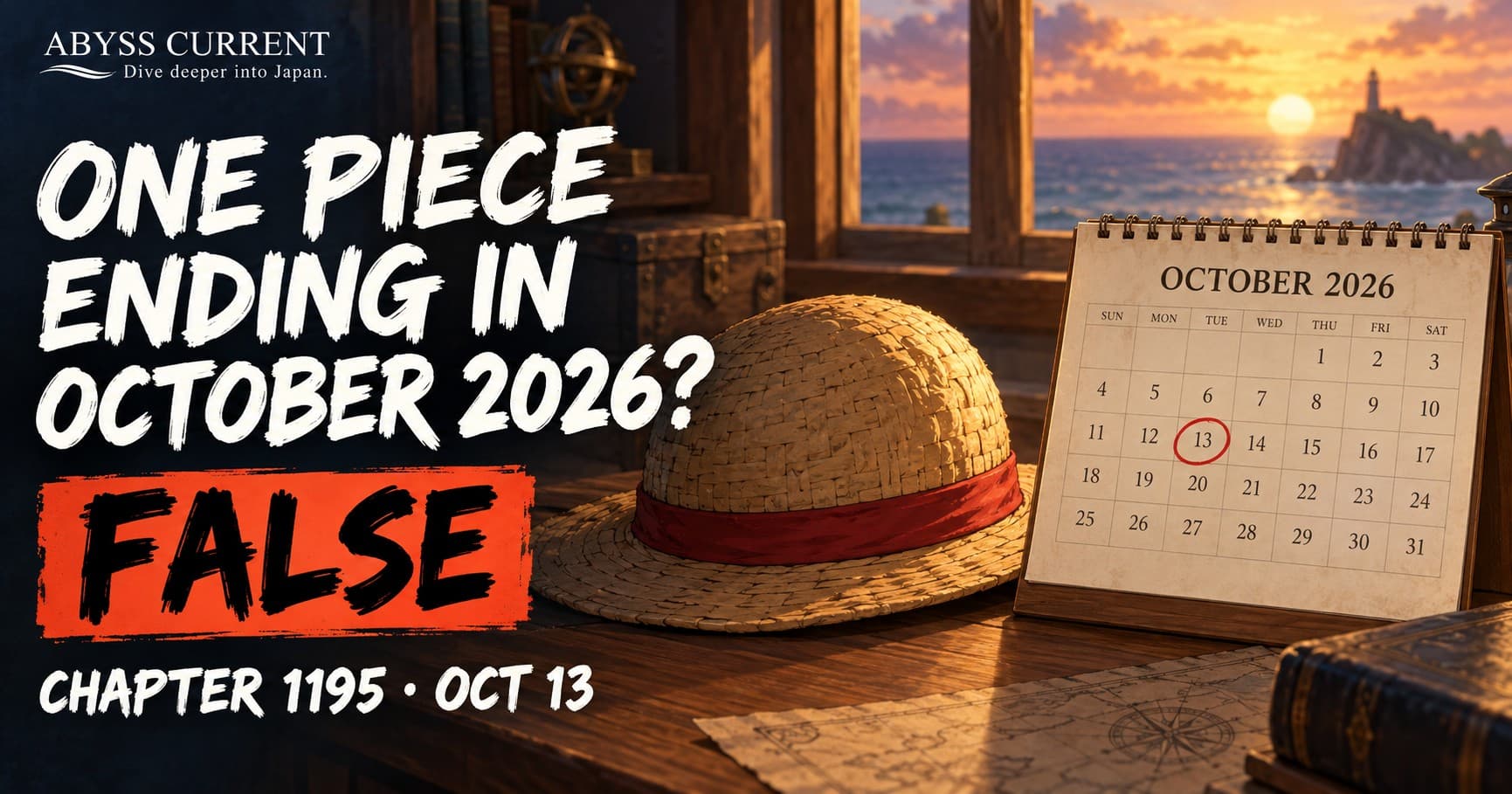 Rumor-check key art. A straw hat with a red band rests on a wooden desk beside an October 2026 desk calendar with the 13th circled in red; warm evening light through a window. Text reads ONE PIECE ENDING IN OCTOBER 2026?, FALSE, and CHAPTER 1195 · OCT 13. ABYSS CURRENT wordmark top left.