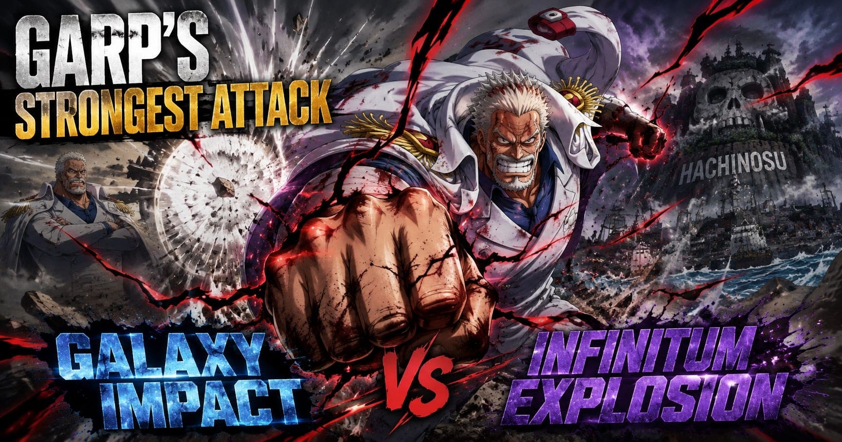 Garp charging forward with a Haki-coated fist filling the frame, red and black energy cracking around him, the Hachinosu skull rock behind and a younger Garp at the left edge, with GALAXY IMPACT and INFINITUM EXPLOSION named as the two attacks compared.