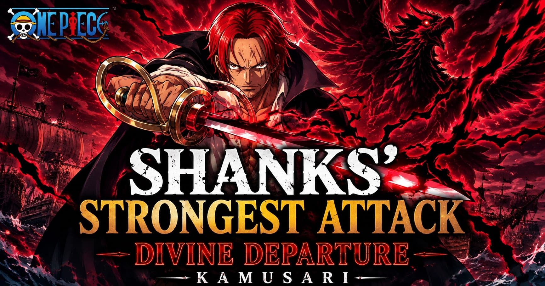 Shanks at the centre drawing Gryphon as red and black Haki lightning erupts along the blade, against burning red skies and pirate ships, with the title SHANKS' STRONGEST ATTACK, DIVINE DEPARTURE and KAMUSARI.