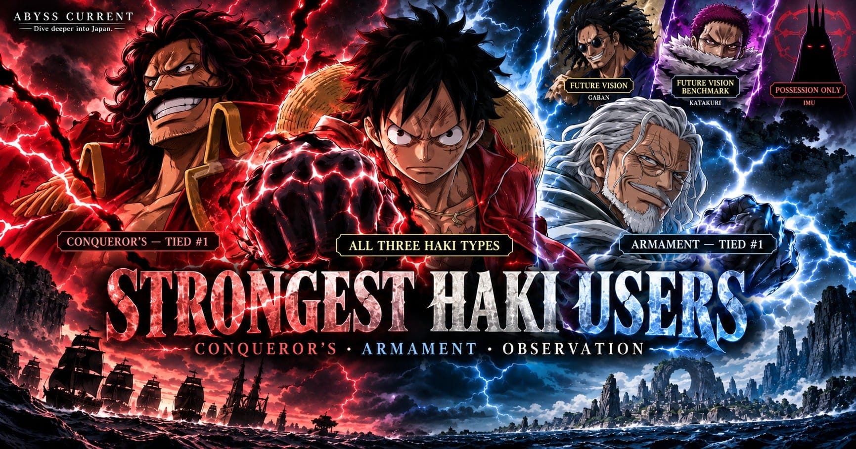 Luffy at the centre with a Haki-coated fist, Roger on the left in red Conqueror's Haki lightning labelled CONQUEROR'S — TIED #1, Rayleigh on the right in blue-white Armament lightning labelled ARMAMENT — TIED #1, Luffy labelled ALL THREE HAKI TYPES, and small portraits of Gaban labelled FUTURE VISION, Katakuri labelled FUTURE VISION BENCHMARK, and Imu labelled POSSESSION ONLY in the upper right.