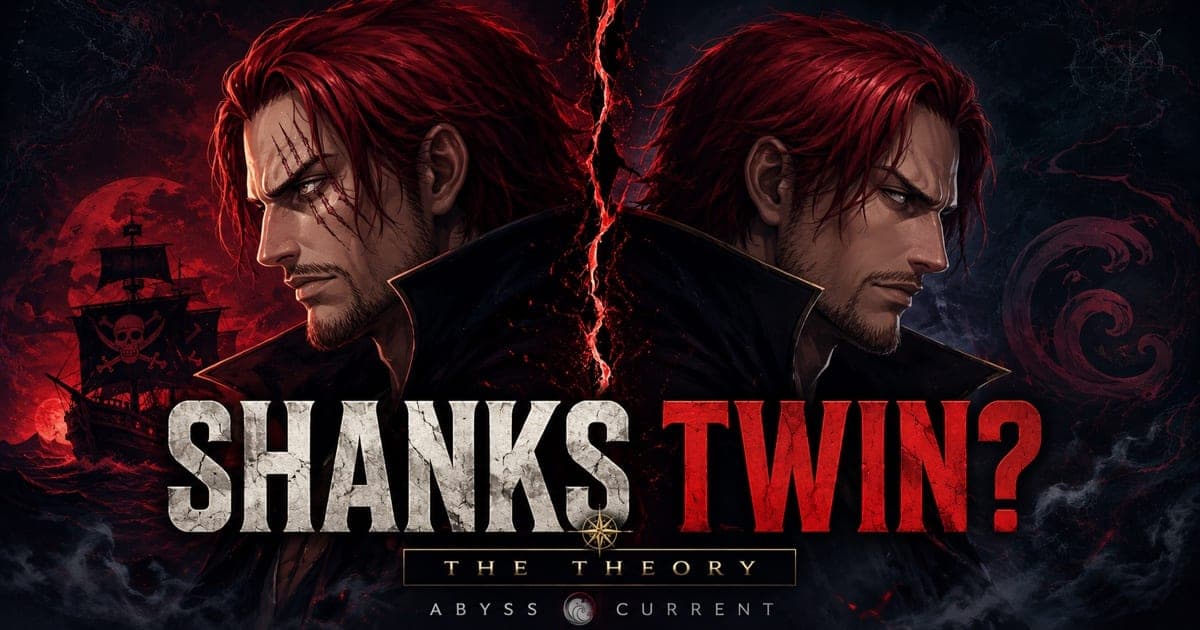 Two near-identical red-haired men stand back to back, split by a glowing red fissure. The one on the left carries three scars over his left eye; the one on the right has none. Behind them, a pirate ship under a red moon.
