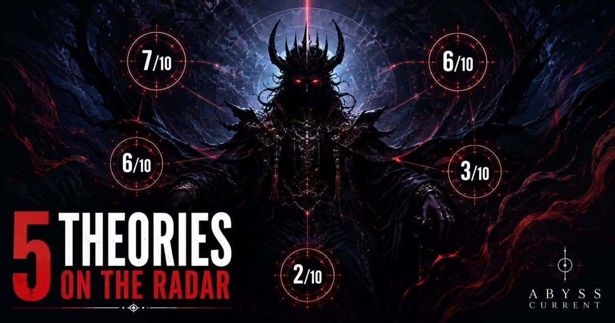 A dark, horned ruler figure stands at the centre of a red radar field. Five scored rings surround it: 7/10, 6/10, 6/10, 3/10 and 2/10.