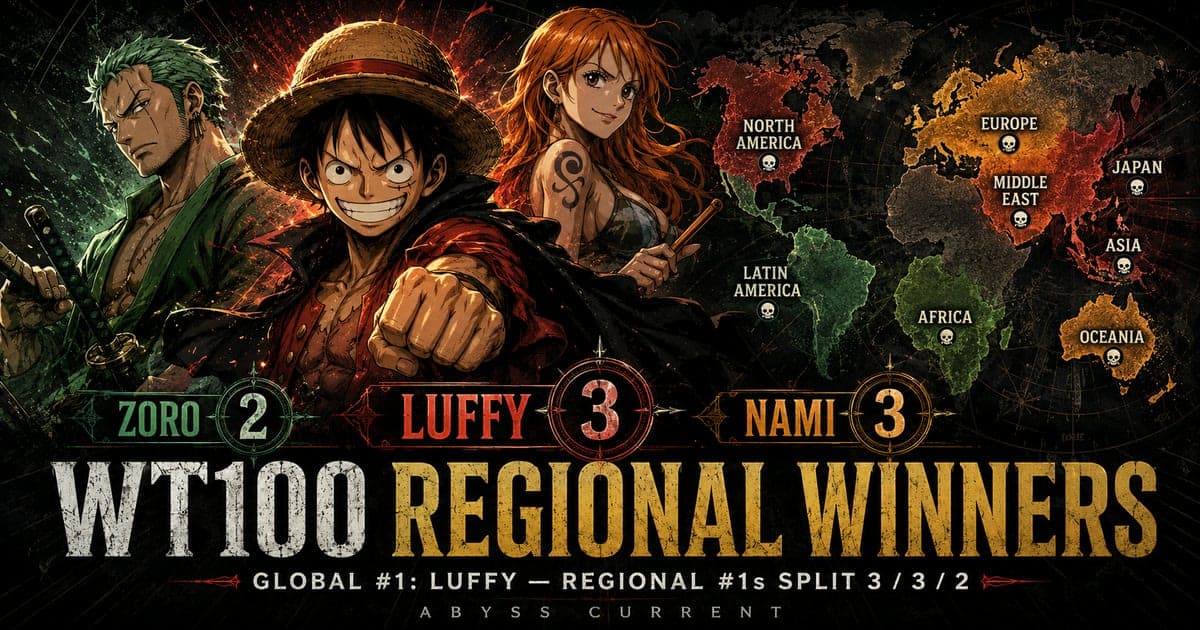 Luffy, Nami and Zoro beside a world map, with the WT100 final regional win count shown as three, three and two.