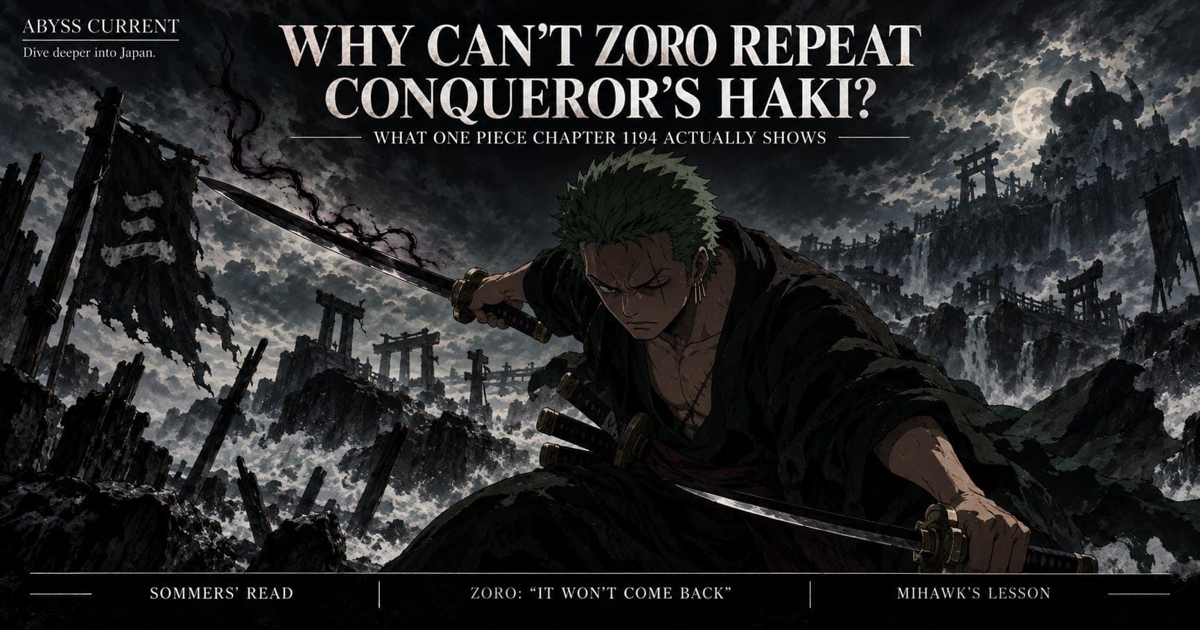 Editorial key art for the piece on why Zoro cannot repeat Conqueror's Haki. Zoro alone in a low stance on a ruined battlefield at night, left eye closed over its scar, three earrings, frowning; one raised blade trails a thin, fading wisp of black, the other held low. No opponent in frame. Text reads WHY CAN'T ZORO REPEAT CONQUEROR'S HAKI? and WHAT ONE PIECE CHAPTER 1194 ACTUALLY SHOWS. A bottom strip reads SOMMERS' READ, ZORO: IT WON'T COME BACK, MIHAWK'S LESSON. ABYSS CURRENT wordmark top left.
