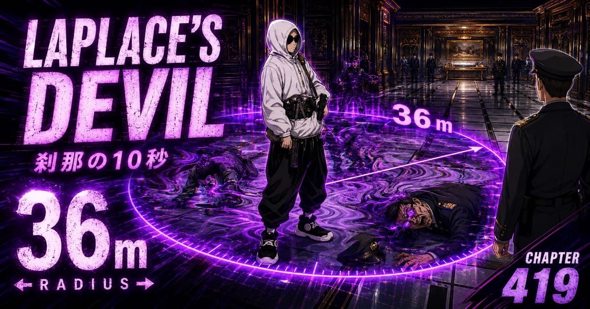 A purple field visualising a 36 metre radius around a hooded figure, with soldiers inside and an unaffected officer outside.