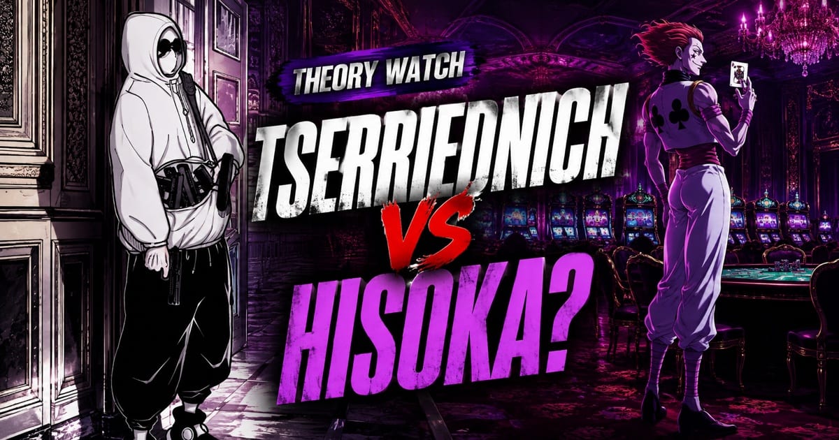 Tserriednich and Hisoka pictured on opposite sides of a casino with a question mark between them.