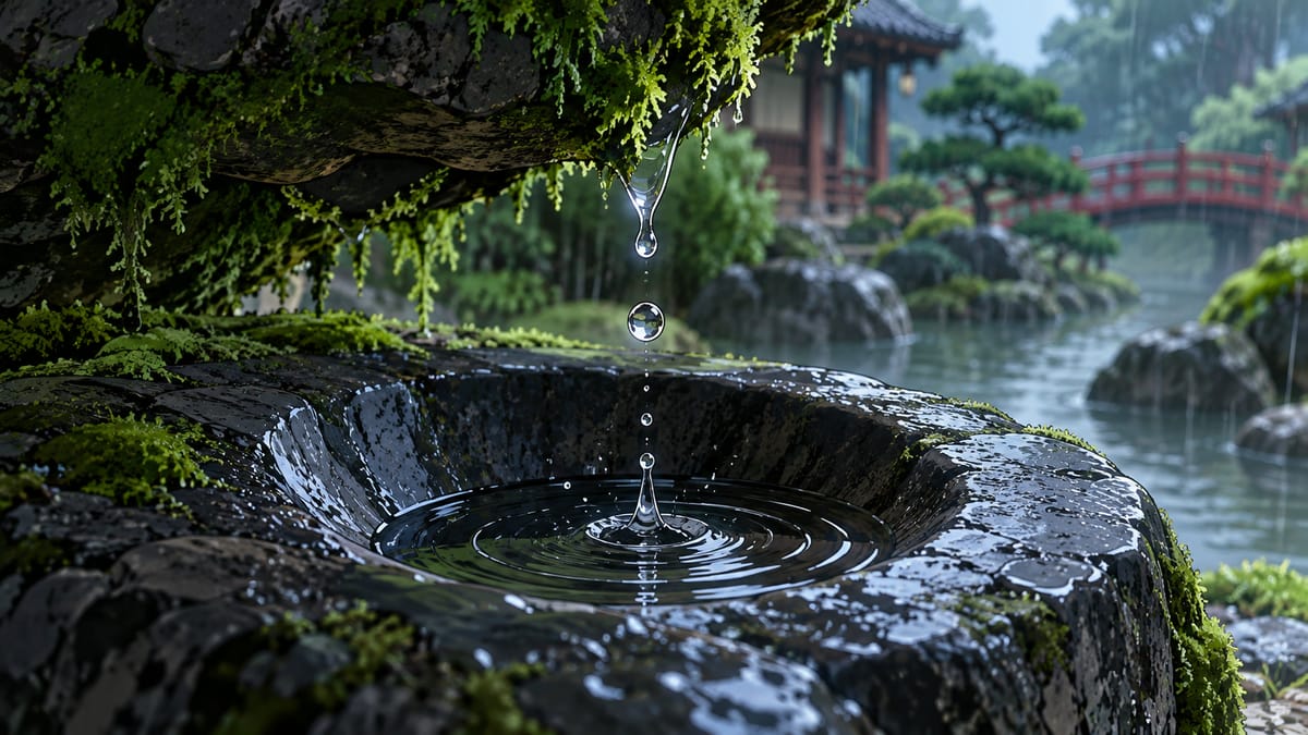 Illustration: water drops falling from a mossy rock into a smooth hollow they have worn into the stone below, in a rainy Japanese garden.