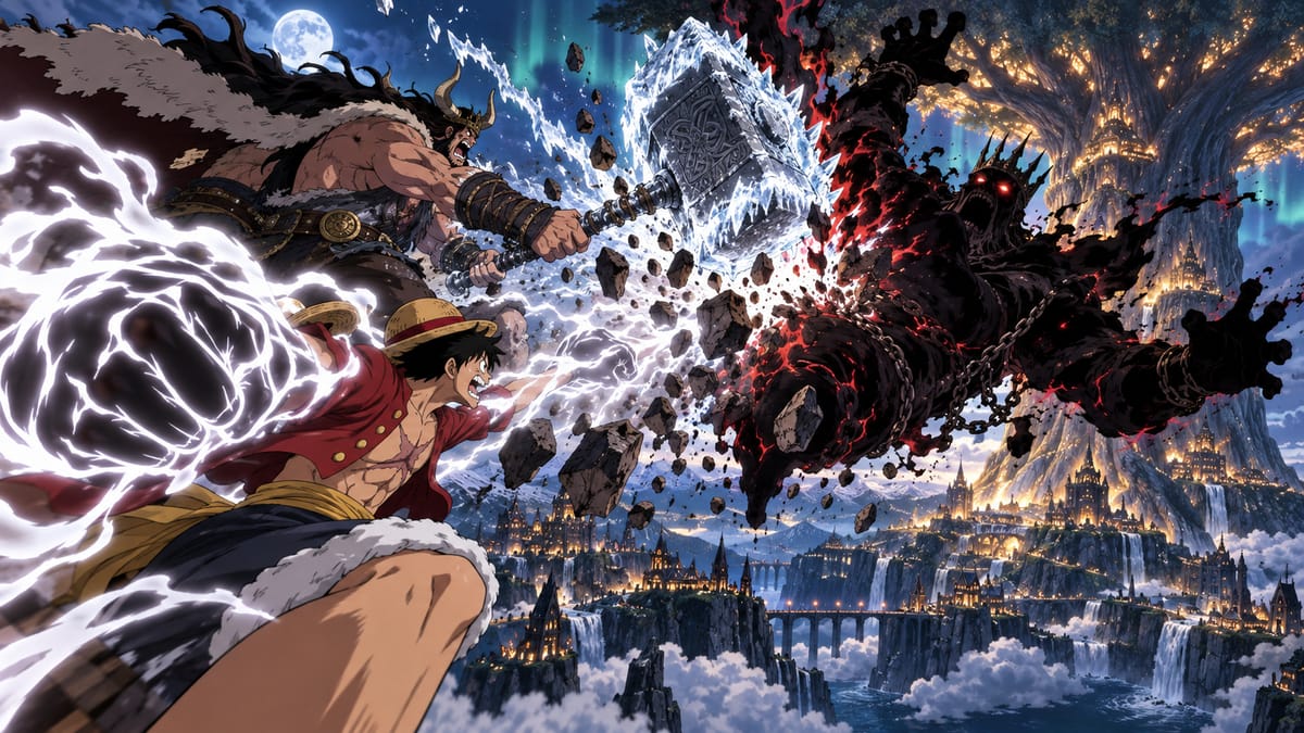 Illustration: Luffy, fist crackling with white lightning, and the giant Loki with a frost-covered hammer strike a dark figure wreathed in black flames toward a colossal tree.