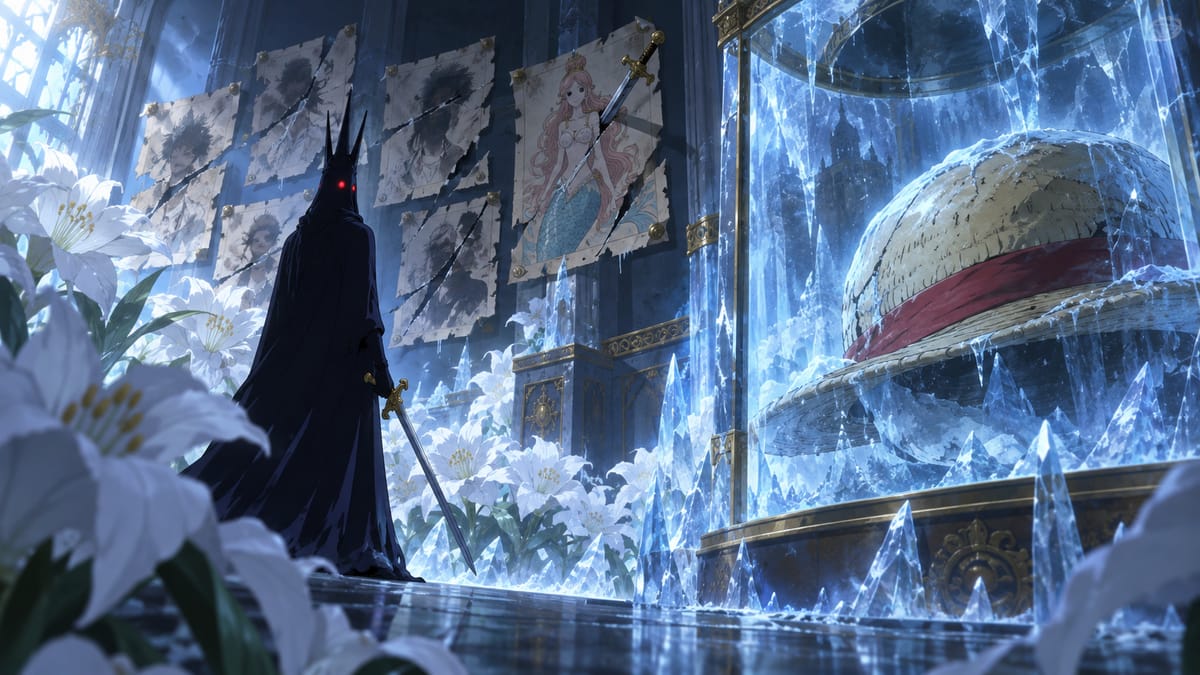 Illustration: a dark robed silhouette with a spiky crown and red eyes in a room of giant white flowers, slashed portraits on the wall and a giant straw hat frozen in ice in the foreground.