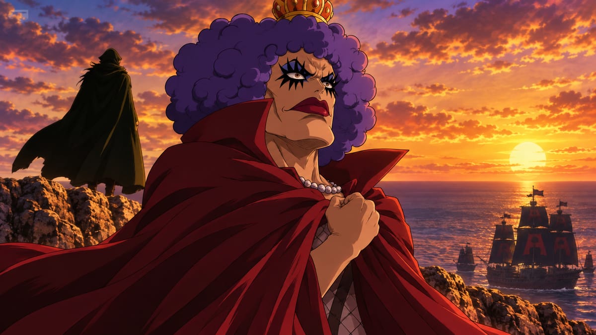 Illustration: Emporio Ivankov, purple afro and crown, clutches his red cape at his chest on a sunset cliff; far behind him a tall hooded figure stands with his back turned, ships on the sea.