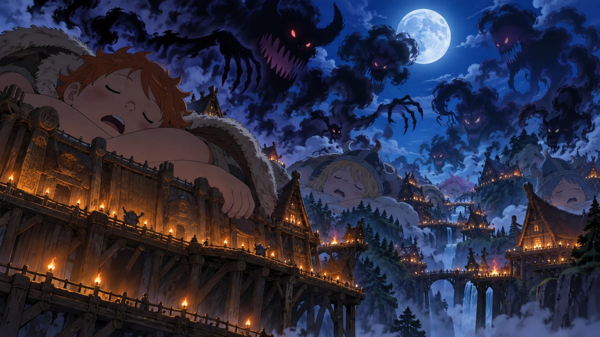 Illustration: giant children asleep among Elbaf-style wooden houses at night while shadowy nightmare monsters rise into the moonlit sky.