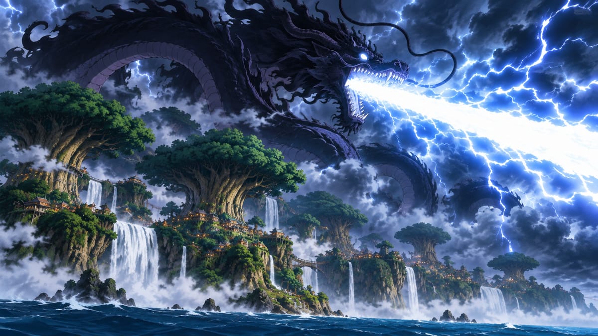 Illustration: a colossal black dragon breathes a beam of white-blue lightning over an island of giant trees and waterfalls.