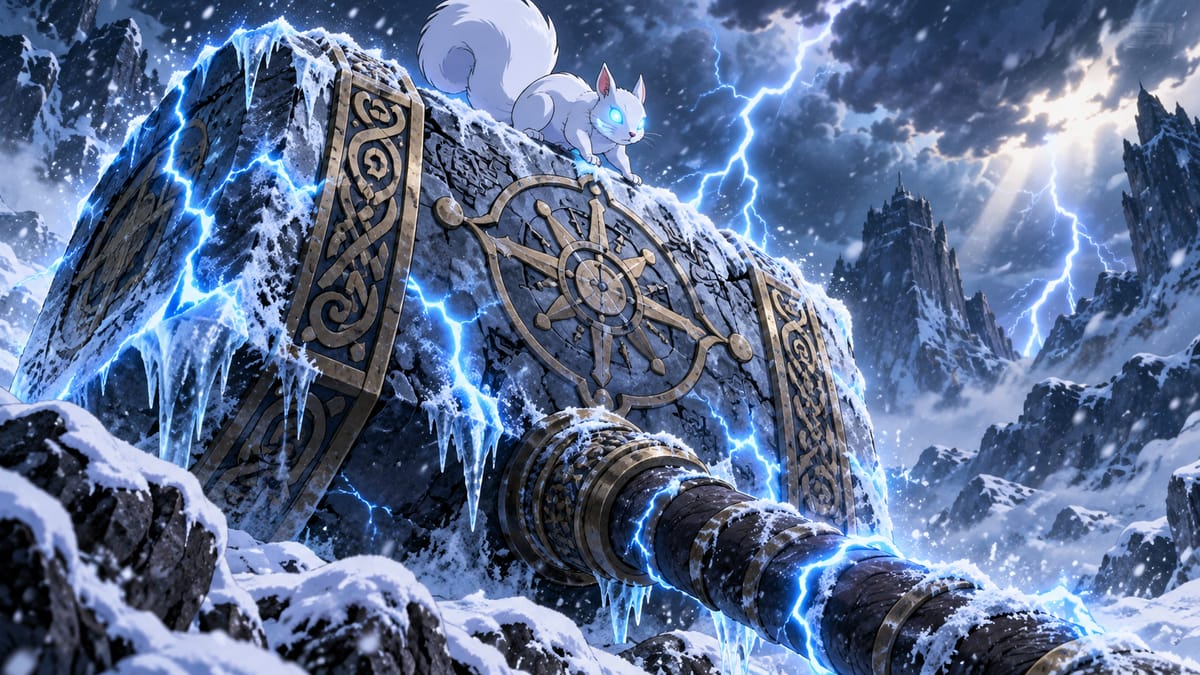 Illustration: a huge rune-carved war hammer covered in frost and crackling lightning, with a white squirrel with glowing eyes on top.