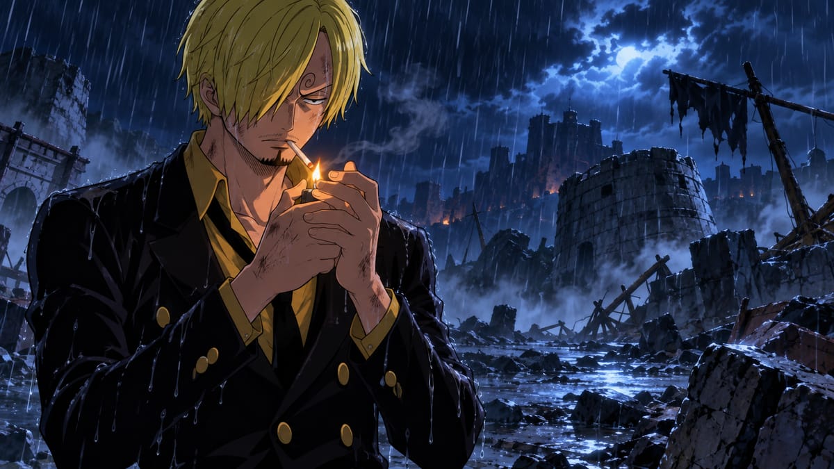 Illustration: Sanji, bruised and soaked in a black suit, lights a cigarette in the rain among night-time ruins.