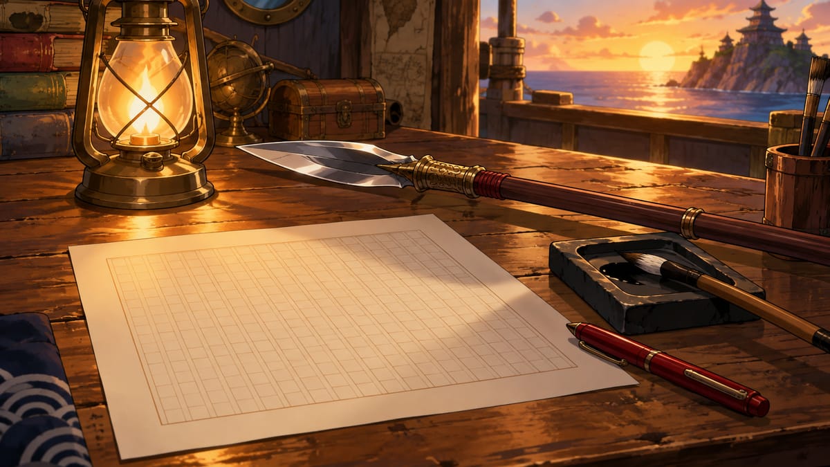 Illustration: a lamp-lit wooden desk with blank Japanese manuscript paper, a brush and inkstone, a red pen and a spear lying across it.
