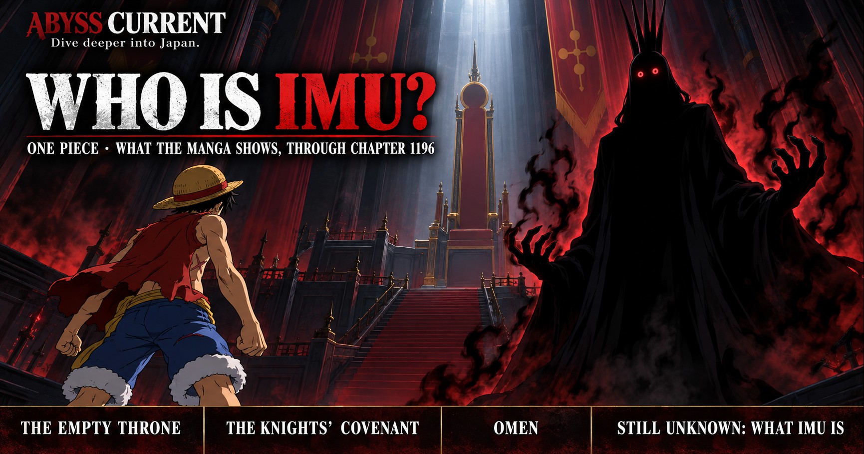 Editorial key art for the Imu explainer: Luffy, seen from behind in his straw hat and red vest, faces a towering dark silhouette with a spiky crown and glowing red eyes, wreathed in black flames, beside a tall empty throne under a shaft of light. Text reads WHO IS IMU? and ONE PIECE · WHAT THE MANGA SHOWS, THROUGH CHAPTER 1196, with a strip reading THE EMPTY THRONE, THE KNIGHTS' COVENANT, OMEN, STILL UNKNOWN: WHAT IMU IS. ABYSS CURRENT wordmark top left.