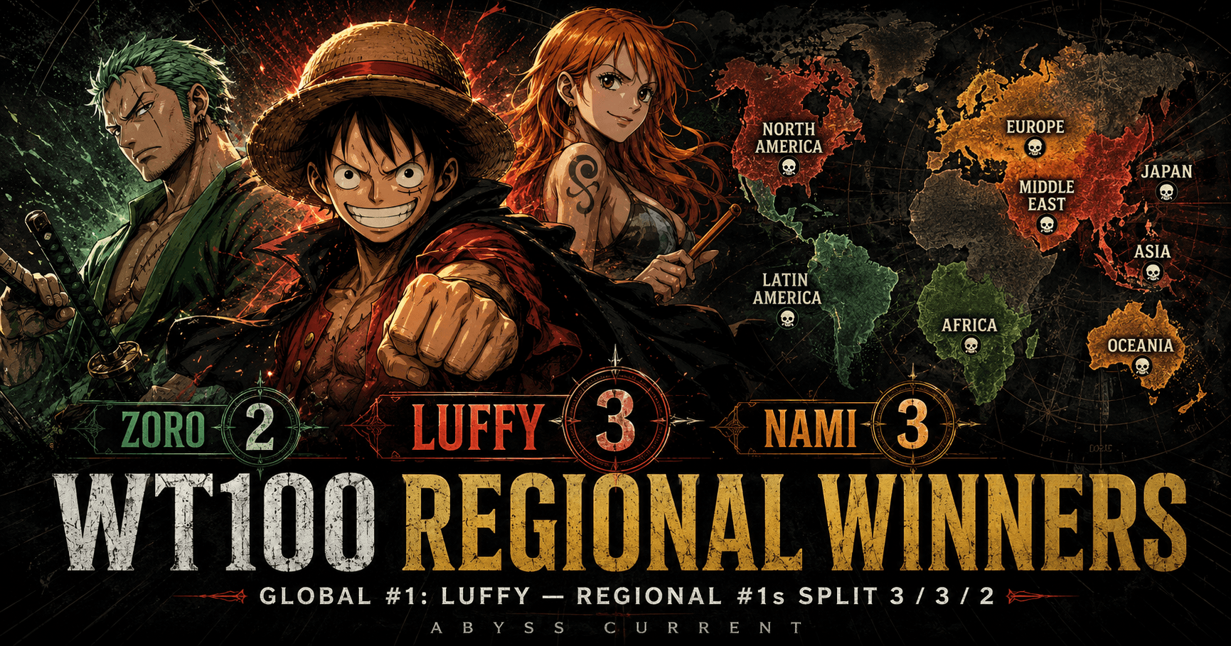 Luffy, Nami and Zoro beside a world map, with the final regional win count shown as Luffy three, Nami three and Zoro two.